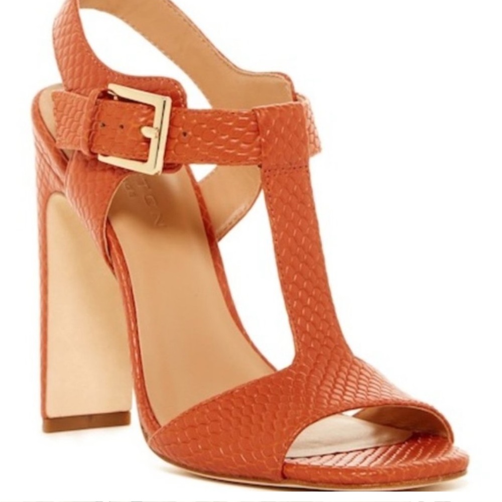 Halston Heritage Reptile Embossed Leather
T-strap Sandal Heels, 7 worn 2 times